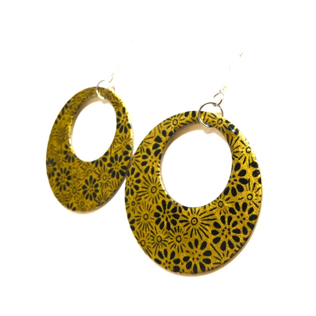 Boucles d'oreille en carton - Grandes Créoles - Fleurs Or Noir - Argent 925