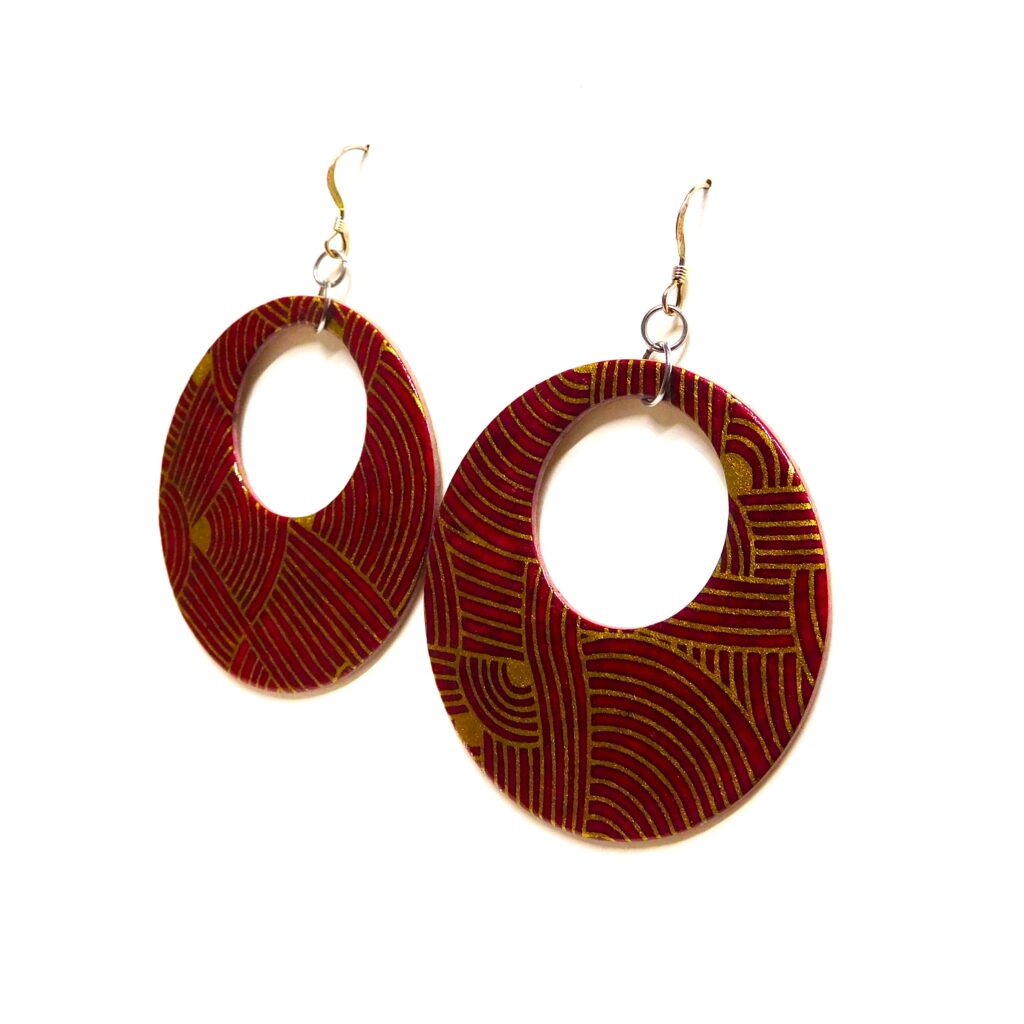 Boucles d'oreille en carton - Grandes Créoles - Rouge Or Nœuds - Argent 925