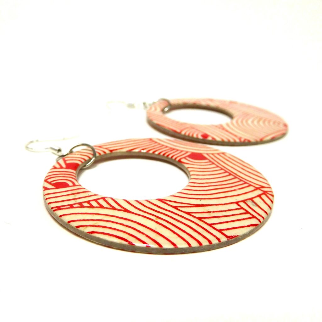 Boucles d'oreille en carton - Grandes Créoles - Blanc et Rouge Nœuds - Argent 925