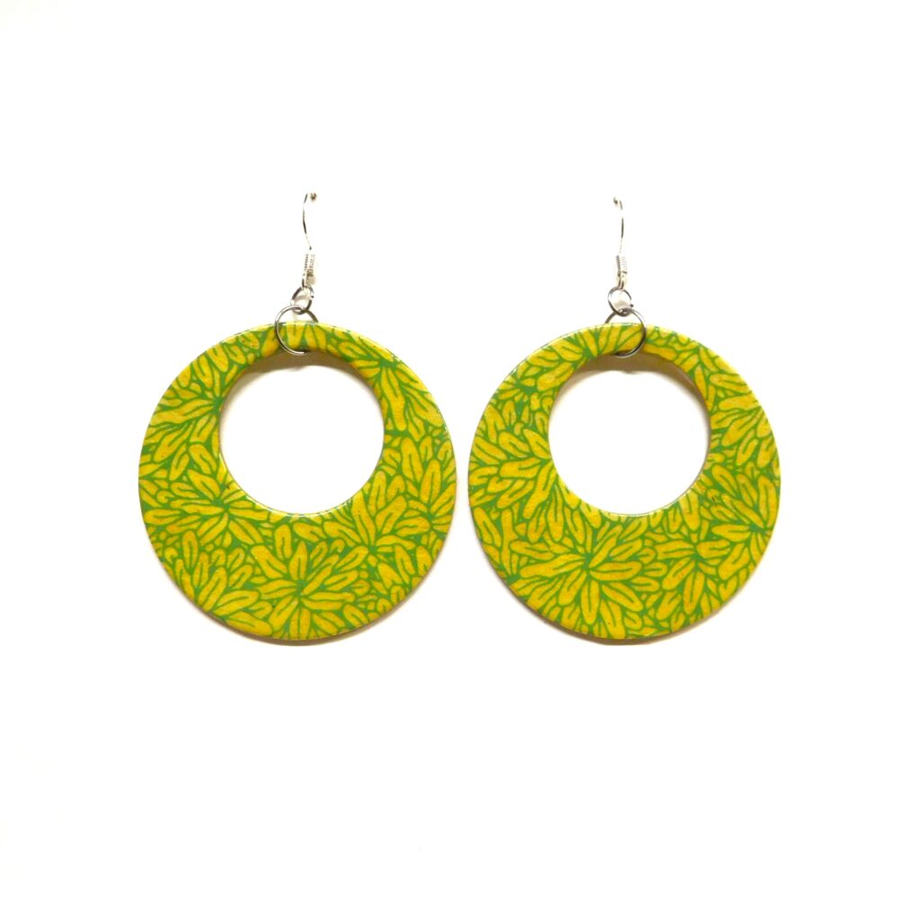 Boucles d'oreille en carton - Grandes Créoles - Feuilles Vert Anis - Argent 925