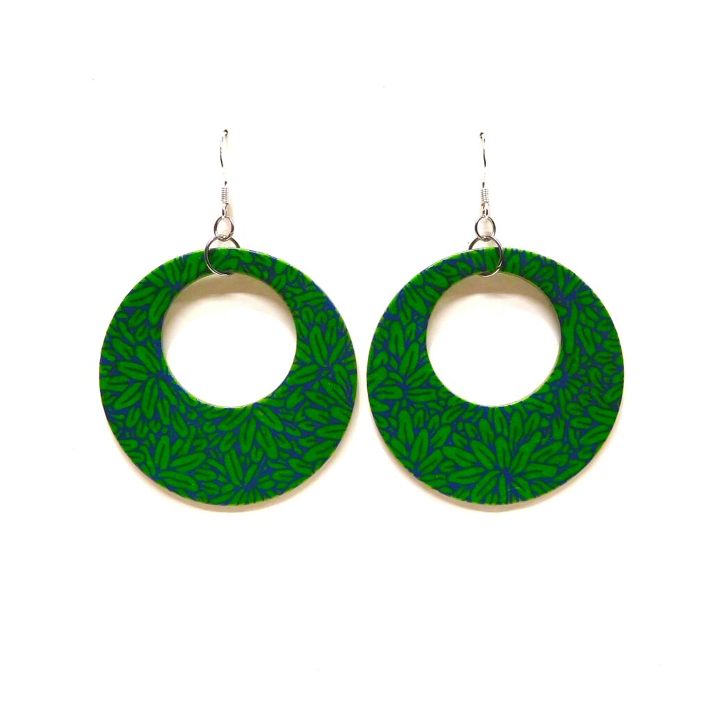 Boucles d'oreille en carton - Grandes Créoles - Vert Feuilles - Argent 925