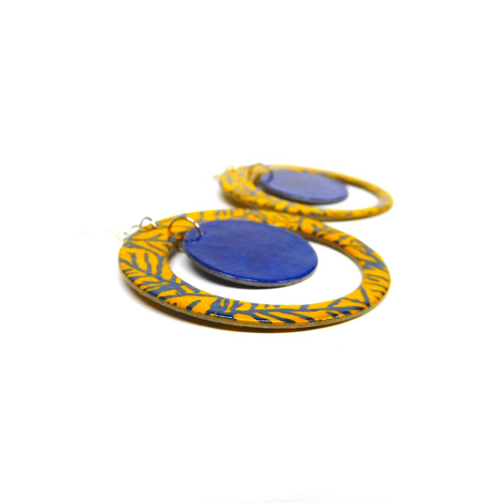Boucles d'oreille en carton - "Grandes créoles plus une" - Bleu et Jaune Feuilles - Argent 925