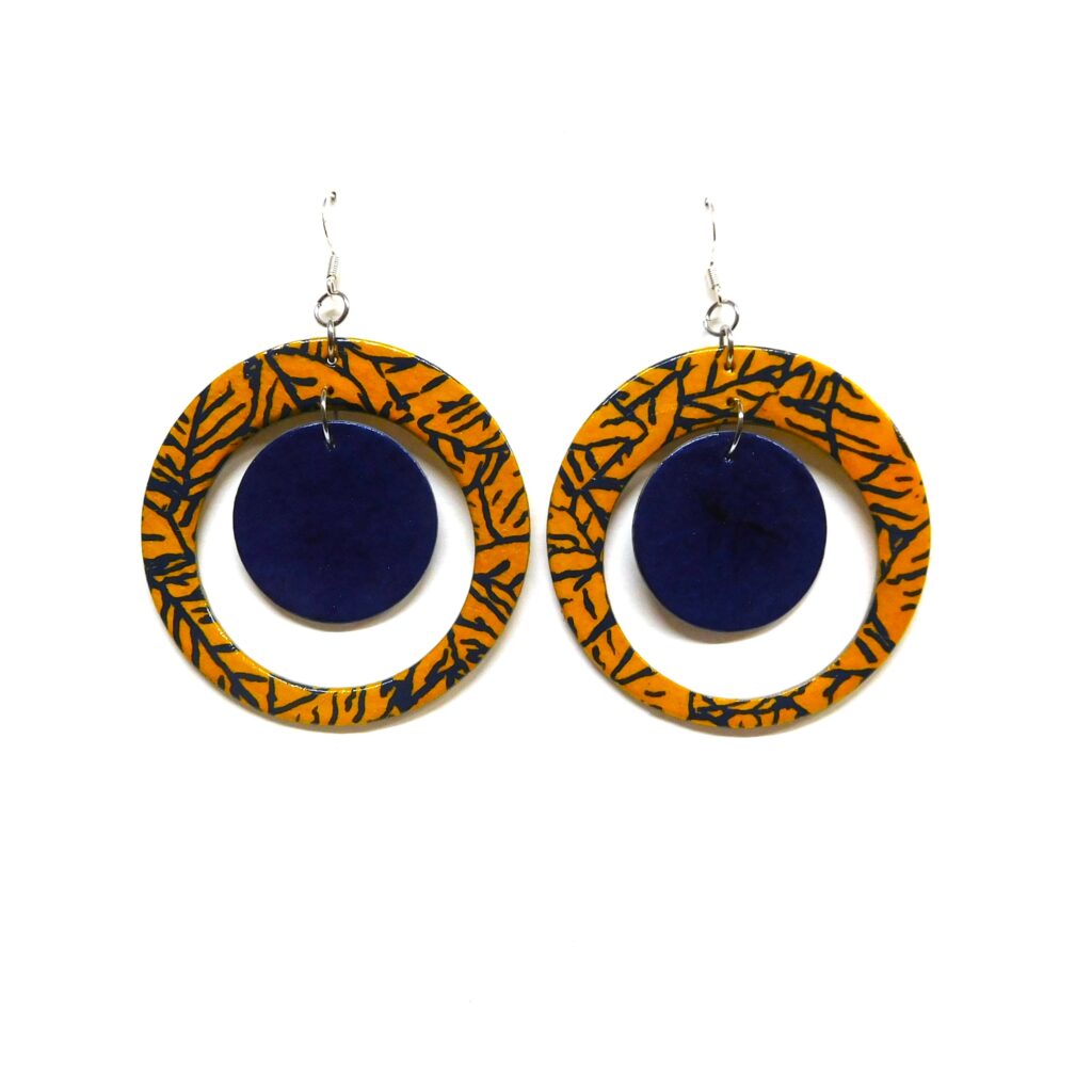 Boucles d'oreille en carton - "Grandes créoles plus une" - Bleu et Jaune Feuilles - Argent 925
