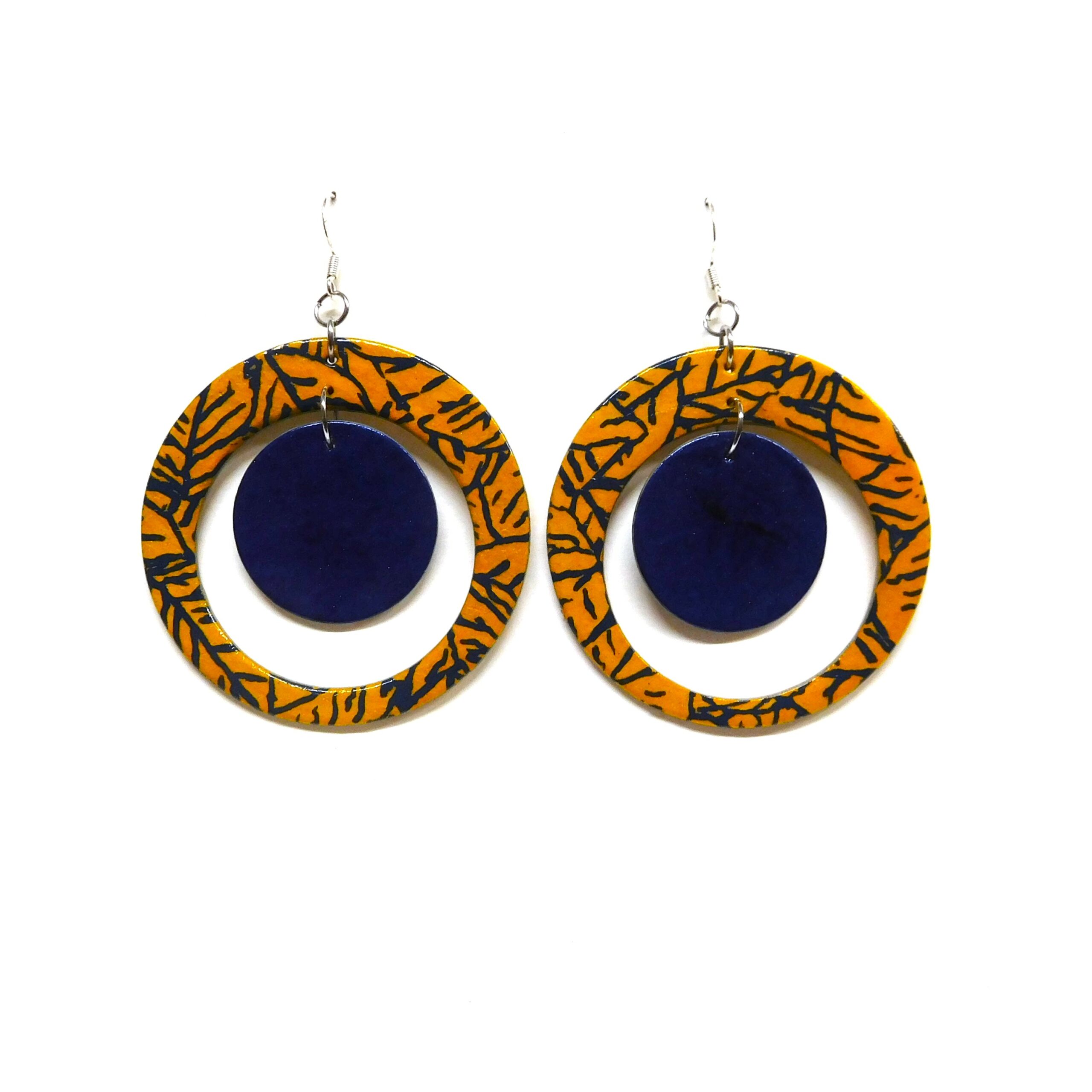 Boucles d'oreille en carton - "Grandes créoles plus une" - Bleu et Jaune Feuilles - Argent 925 – Image 2