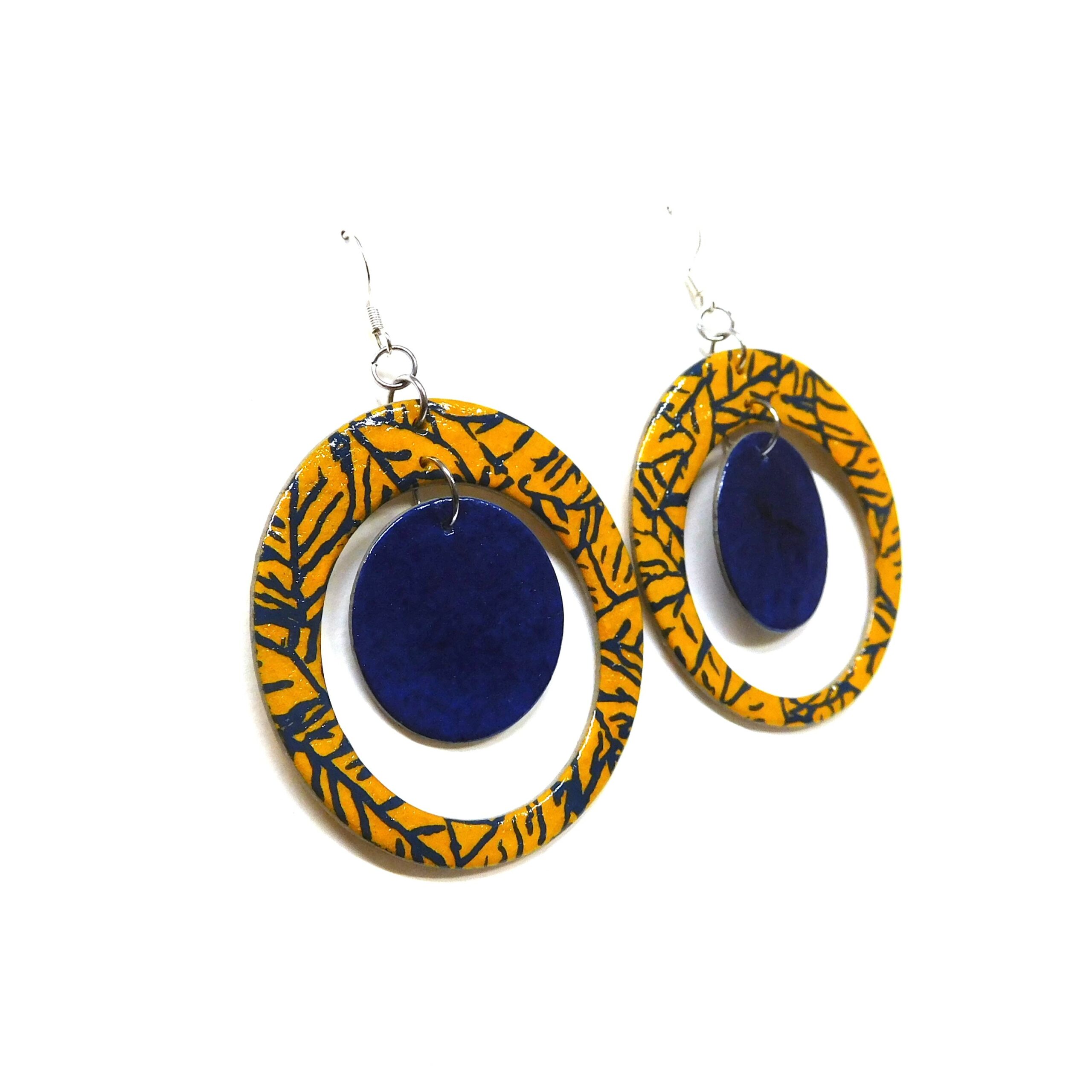 Boucles d'oreille en carton - "Grandes créoles plus une" - Bleu et Jaune Feuilles - Argent 925 – Image 1