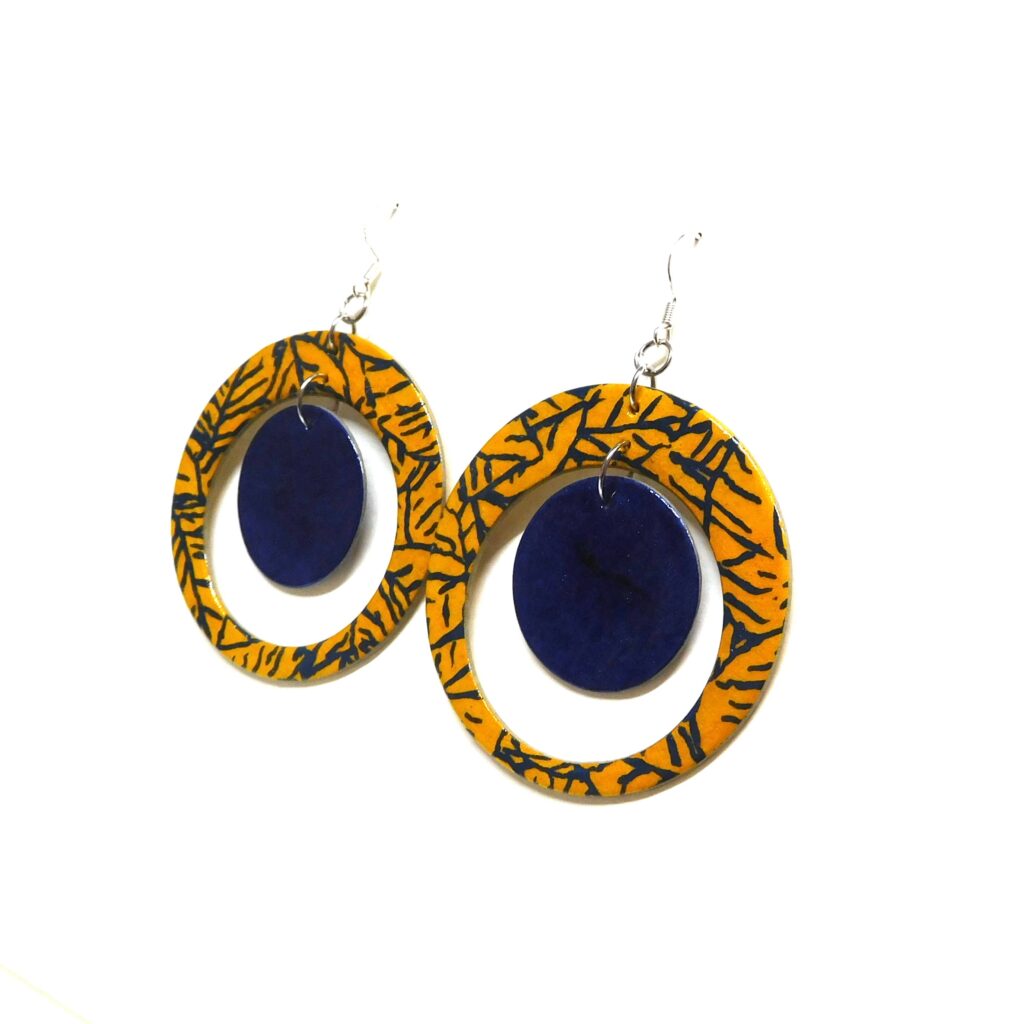 Boucles d'oreille en carton - "Grandes créoles plus une" - Bleu et Jaune Feuilles - Argent 925