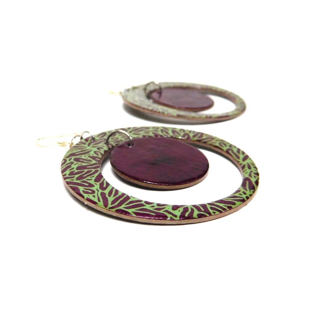 Boucles d'oreille en carton - "Grandes créoles plus une" - Bordeaux/Vert Feuilles - Argent 925