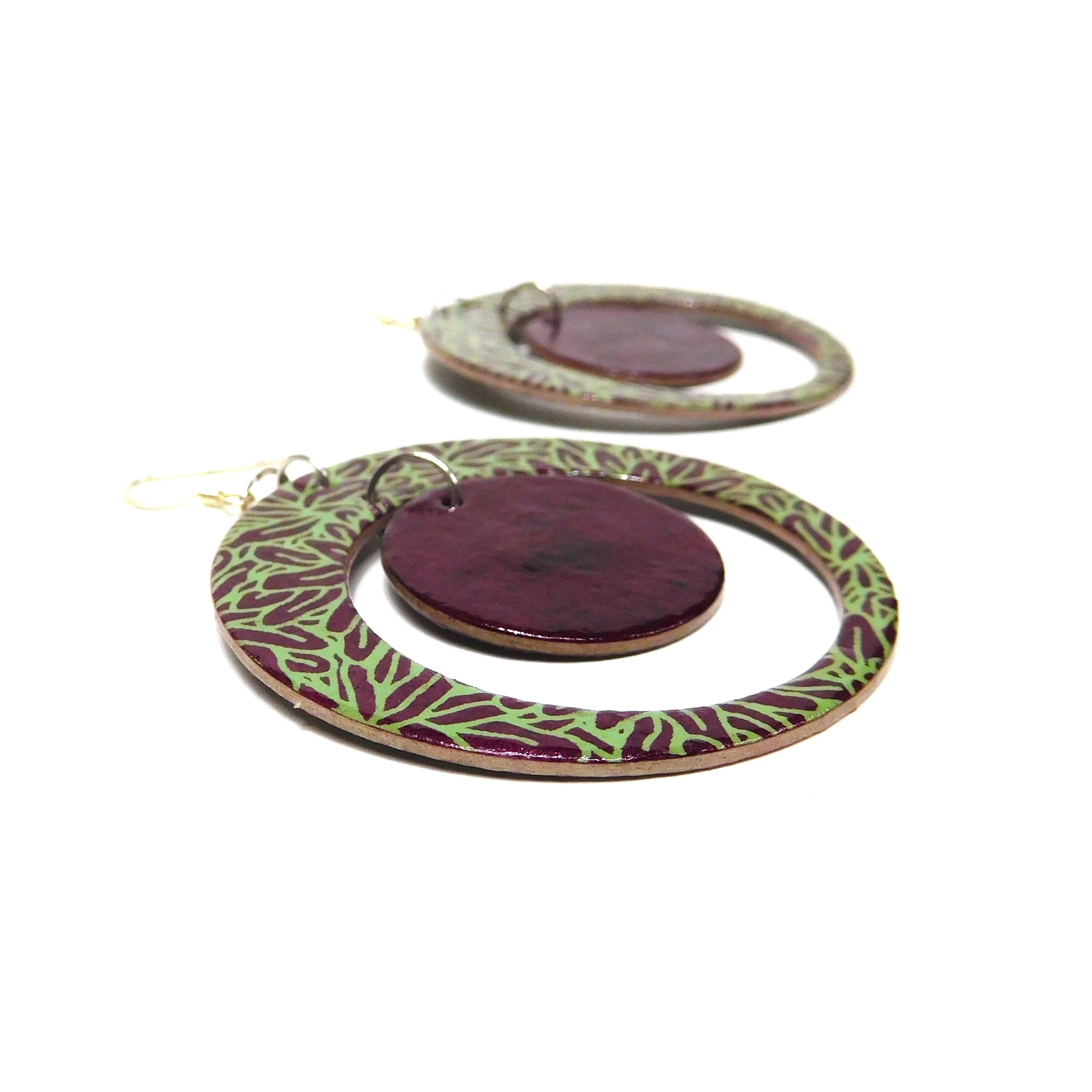 Boucles d'oreille en carton - "Grandes créoles plus une" - Bordeaux/Vert Feuilles - Argent 925 – Image 2