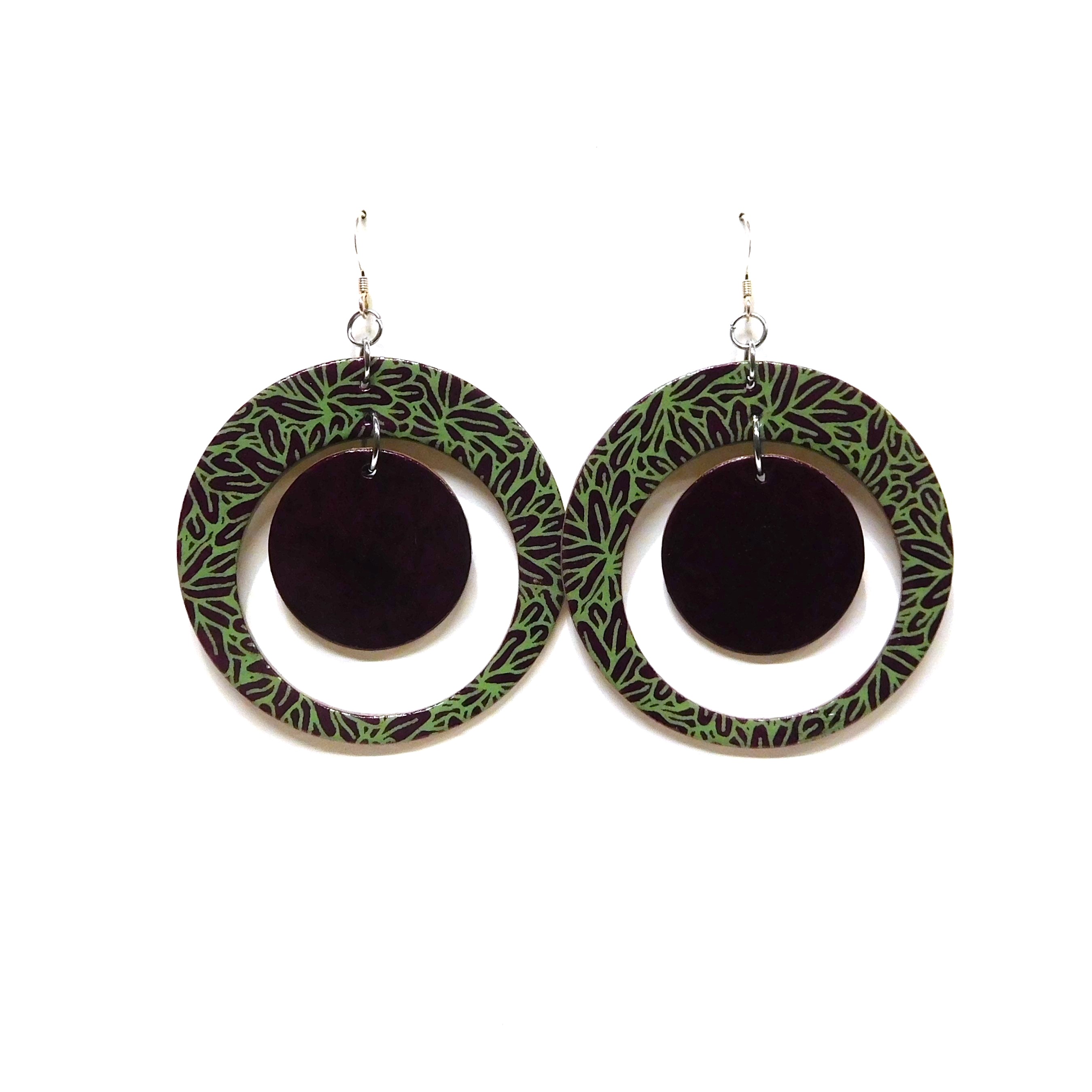 Boucles d'oreille en carton - "Grandes créoles plus une" - Bordeaux/Vert Feuilles - Argent 925