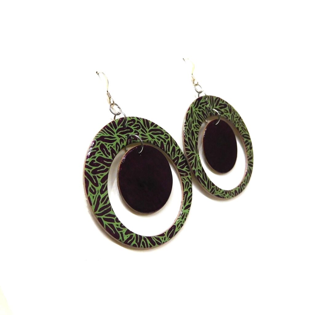 Boucles d'oreille en carton - "Grandes créoles plus une" - Bordeaux/Vert Feuilles - Argent 925
