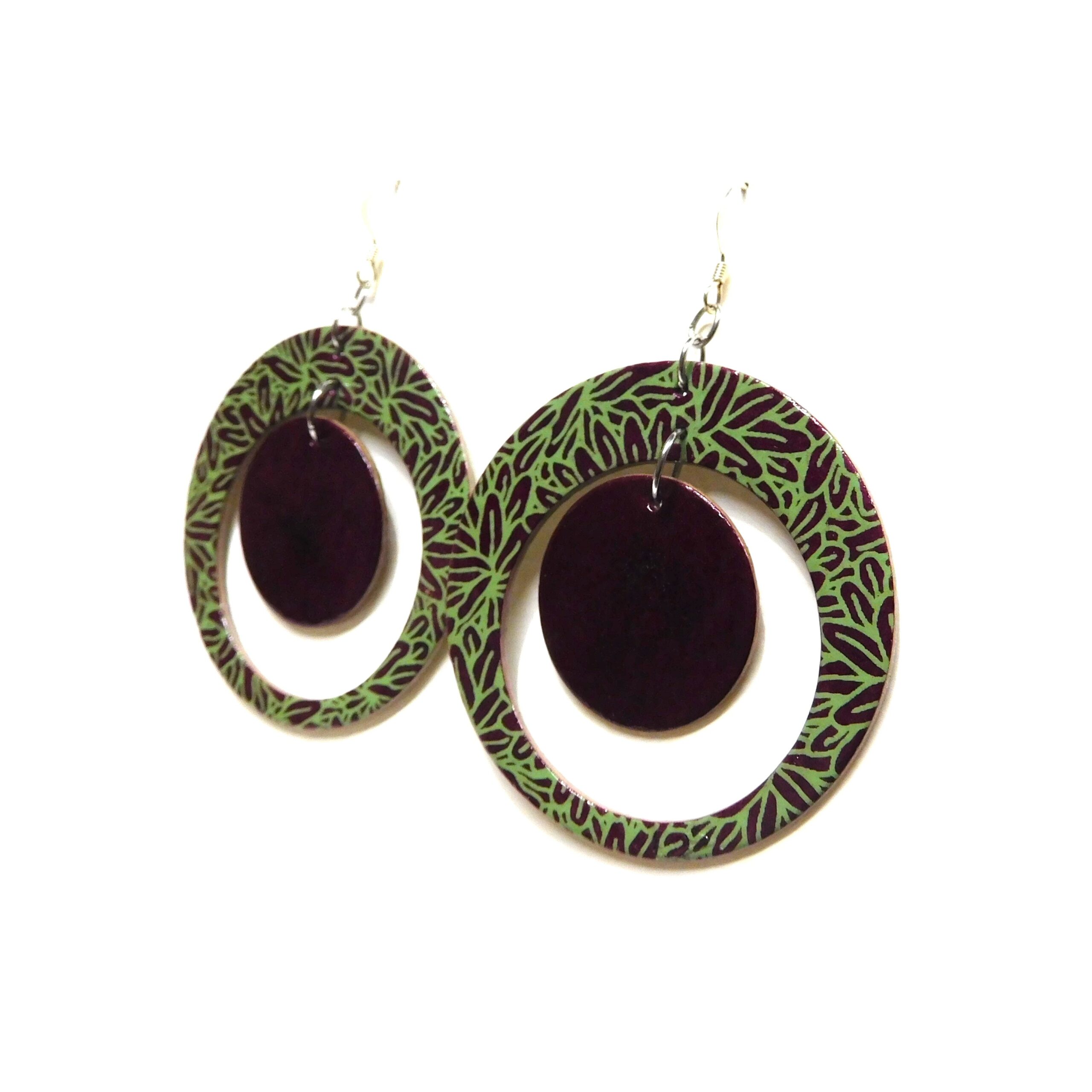 Boucles d'oreille en carton - "Grandes créoles plus une" - Bordeaux/Vert Feuilles - Argent 925