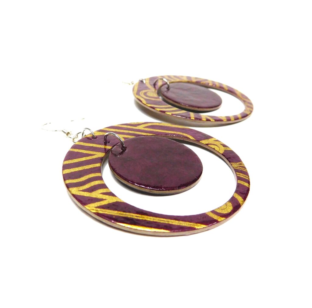 Boucles d'oreille en carton - "Grandes créoles plus une" - Bordeaux Or - Argent 925