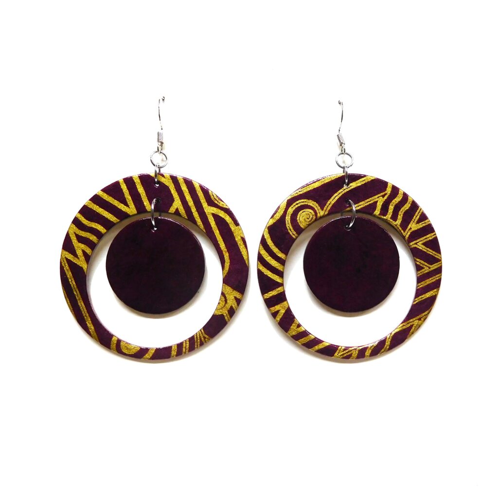 Boucles d'oreille en carton - "Grandes créoles plus une" - Bordeaux Or - Argent 925