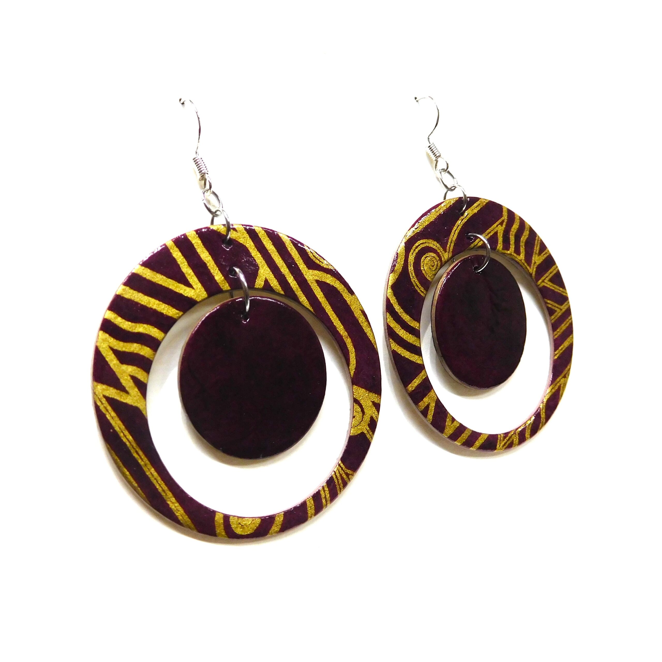 Boucles d'oreille en carton - "Grandes créoles plus une" - Bordeaux Or - Argent 925