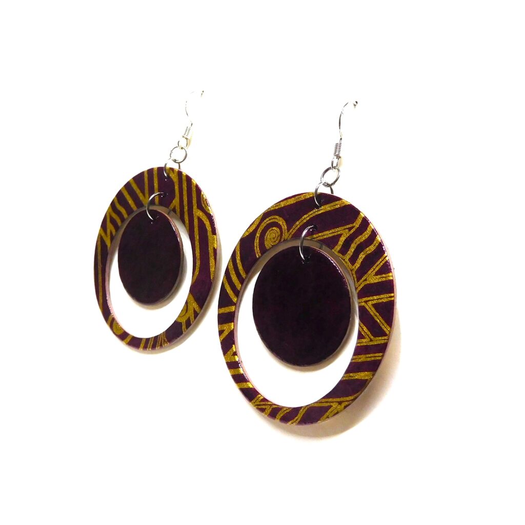 Boucles d'oreille en carton - "Grandes créoles plus une" - Bordeaux Or - Argent 925