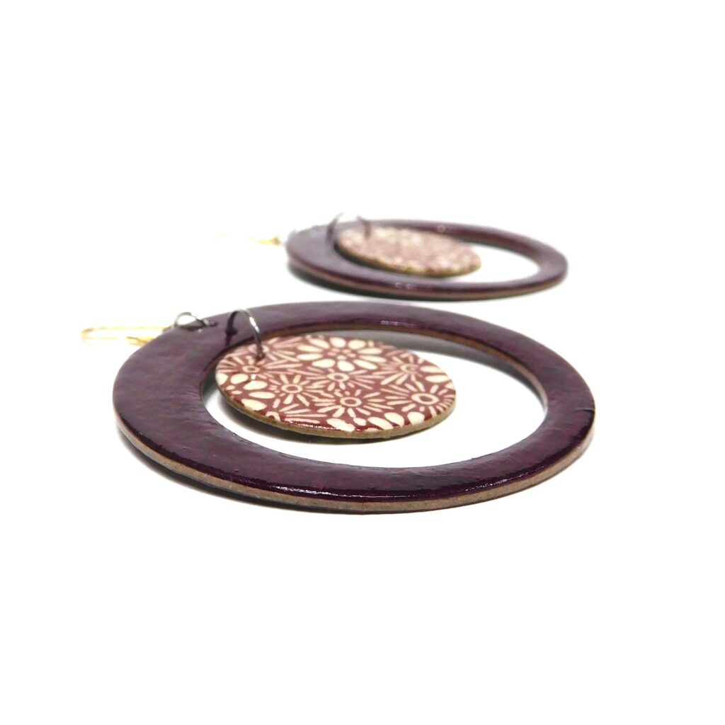 Boucles d'oreille en carton - "Grandes créoles plus une" - Bordeaux/Fleurs Bordeaux - Argent 925