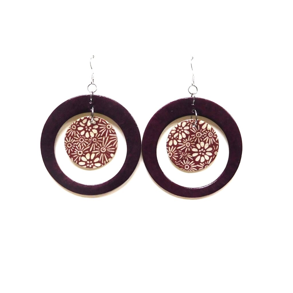 Boucles d'oreille en carton - "Grandes créoles plus une" - Bordeaux/Fleurs Bordeaux - Argent 925