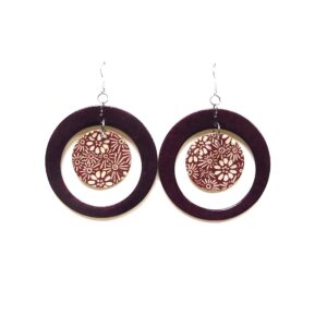 Boucles d'oreille en carton - "Grandes créoles plus une" - Bordeaux/Fleurs Bordeaux - Argent 925 – Image 1