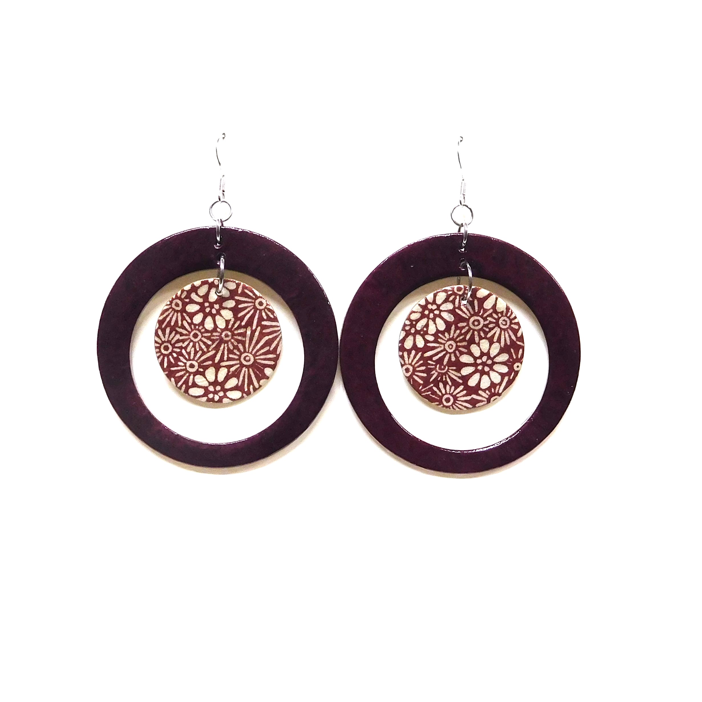 Boucles d'oreille en carton - "Grandes créoles plus une" - Bordeaux/Fleurs Bordeaux - Argent 925 – Image 1