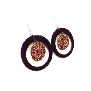 Boucles d'oreille en carton - "Grandes créoles plus une" - Bordeaux/Fleurs Bordeaux - Argent 925 – Image 4