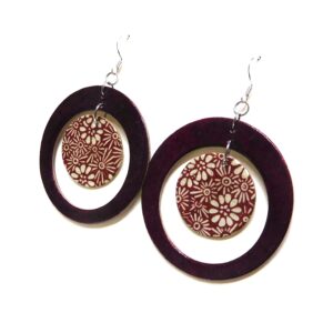 Boucles d'oreille en carton - "Grandes créoles plus une" - Bordeaux/Fleurs Bordeaux - Argent 925 – Image 3