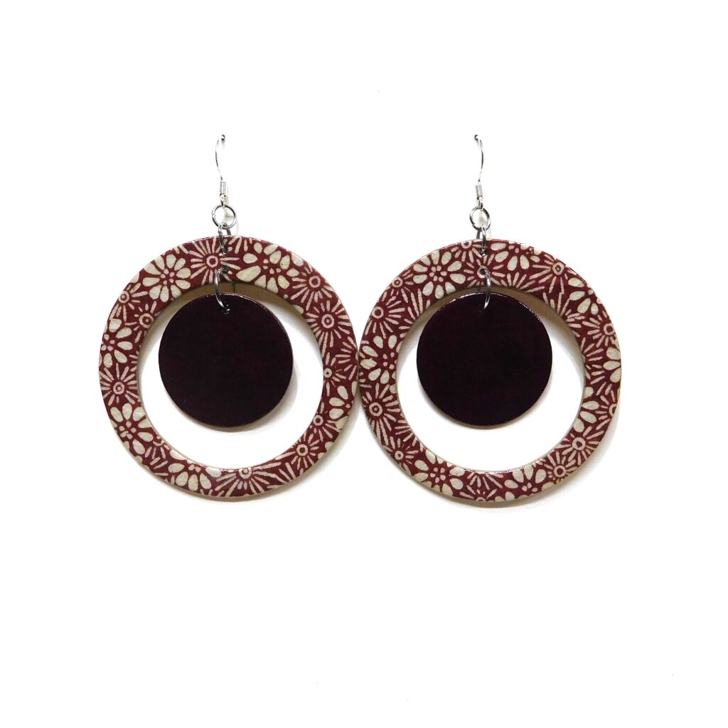 Boucles d'oreille en carton - "Grandes créoles plus une" - Fleurs Bordeaux/Bordeaux - Argent 925