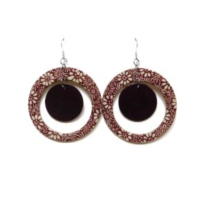 Boucles d'oreille en carton - "Grandes créoles plus une" - Fleurs Bordeaux/Bordeaux - Argent 925 – Image 1