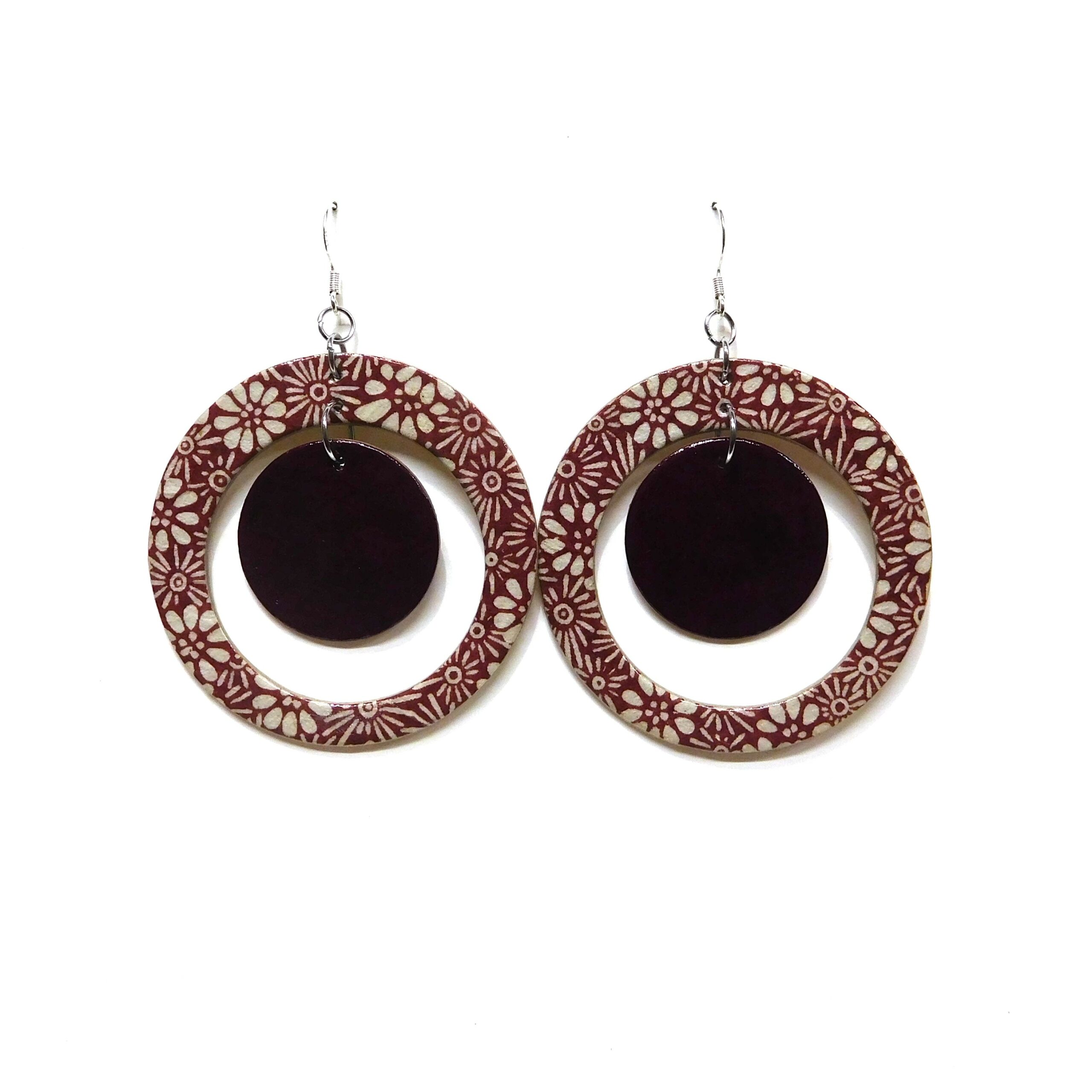Boucles d'oreille en carton - "Grandes créoles plus une" - Fleurs Bordeaux/Bordeaux - Argent 925 – Image 1