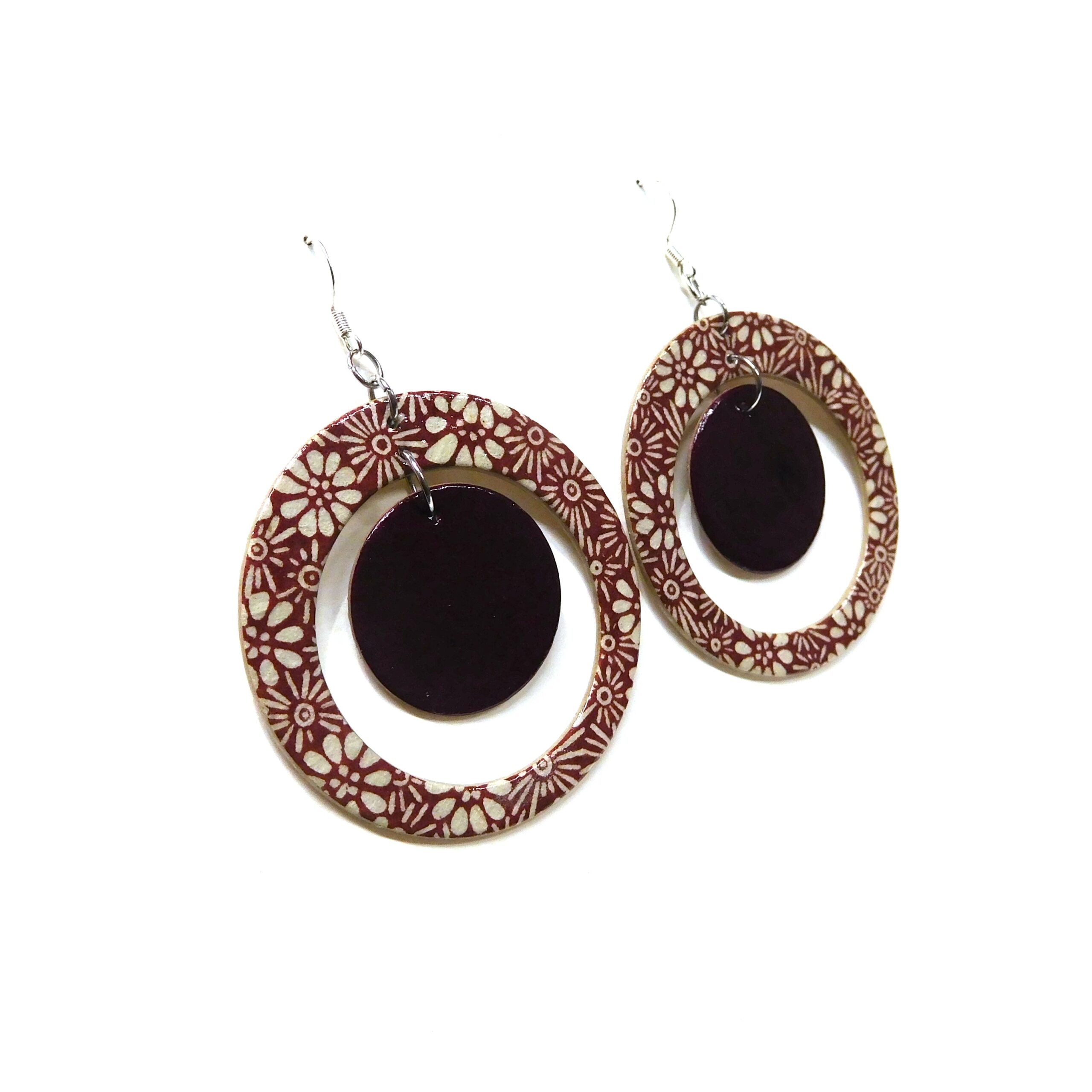 Boucles d'oreille en carton - "Grandes créoles plus une" - Fleurs Bordeaux/Bordeaux - Argent 925