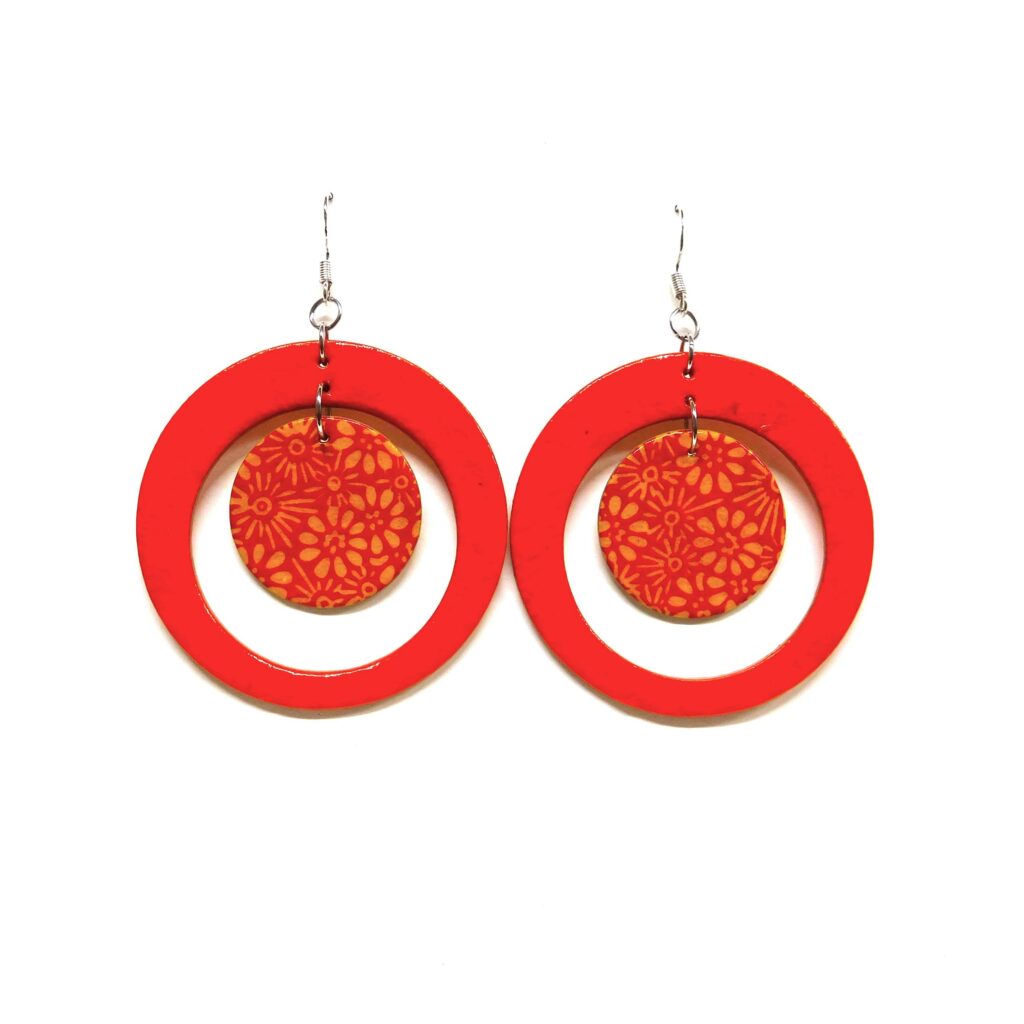 Boucles d'oreille en carton - "Grandes créoles plus une" - Orange/Fleurs Orange - Argent 925