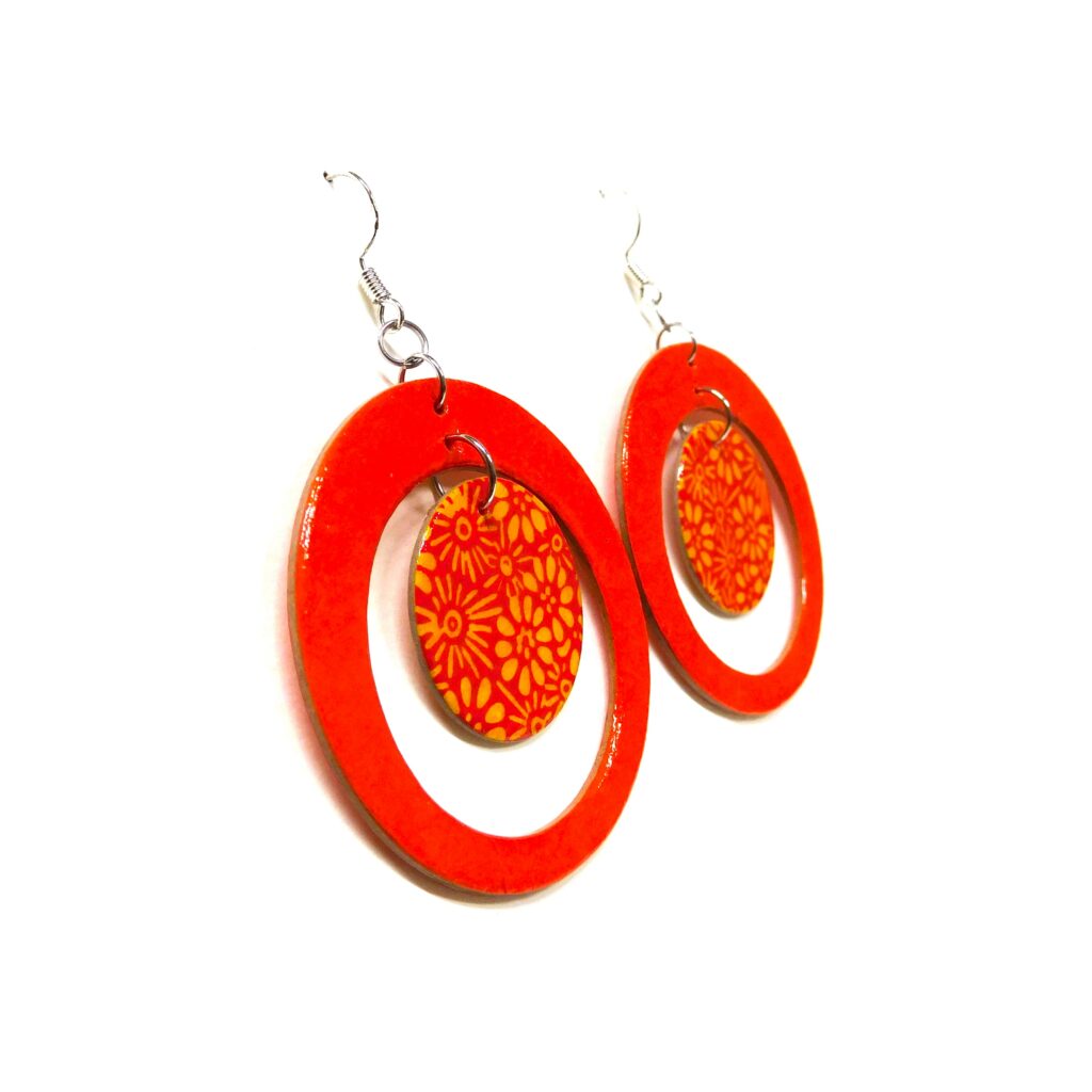 Boucles d'oreille en carton - "Grandes créoles plus une" - Orange/Fleurs Orange - Argent 925