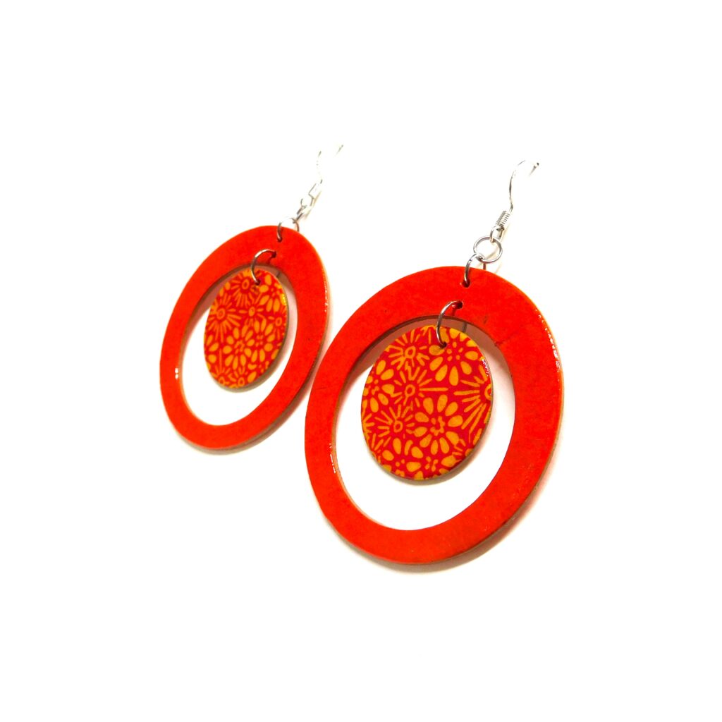 Boucles d'oreille en carton - "Grandes créoles plus une" - Orange/Fleurs Orange - Argent 925