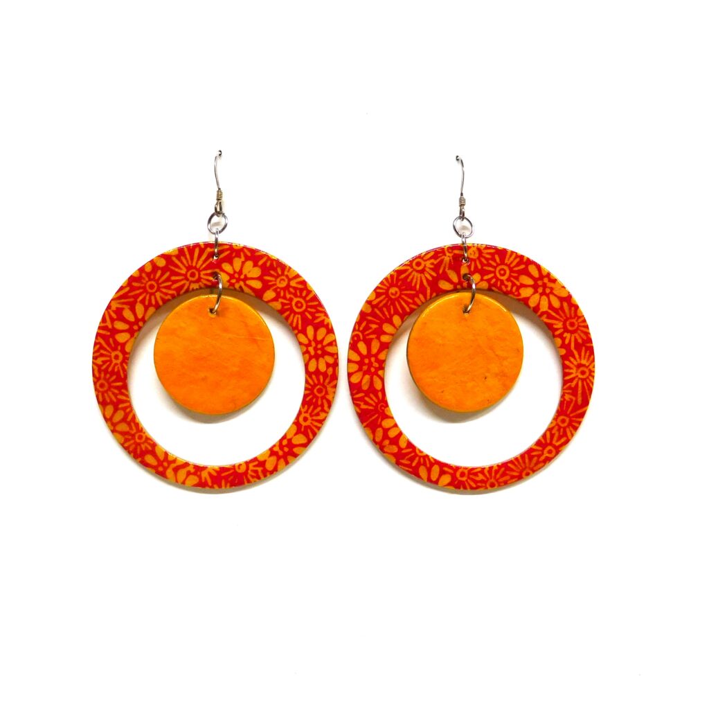 Boucles d'oreille en carton - "Grandes créoles plus une" - Fleurs Orange/Jaune Ocre - Argent 925