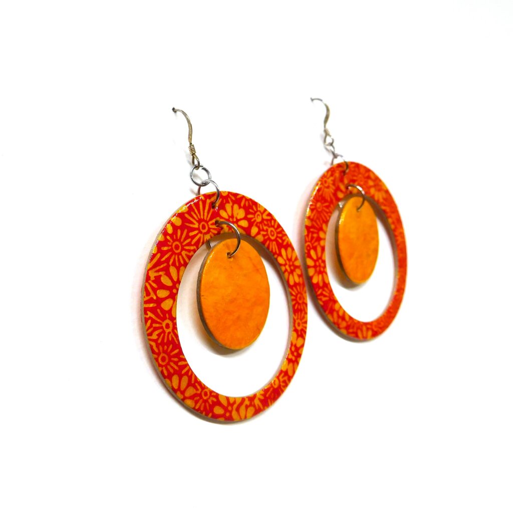 Boucles d'oreille en carton - "Grandes créoles plus une" - Fleurs Orange/Jaune Ocre - Argent 925