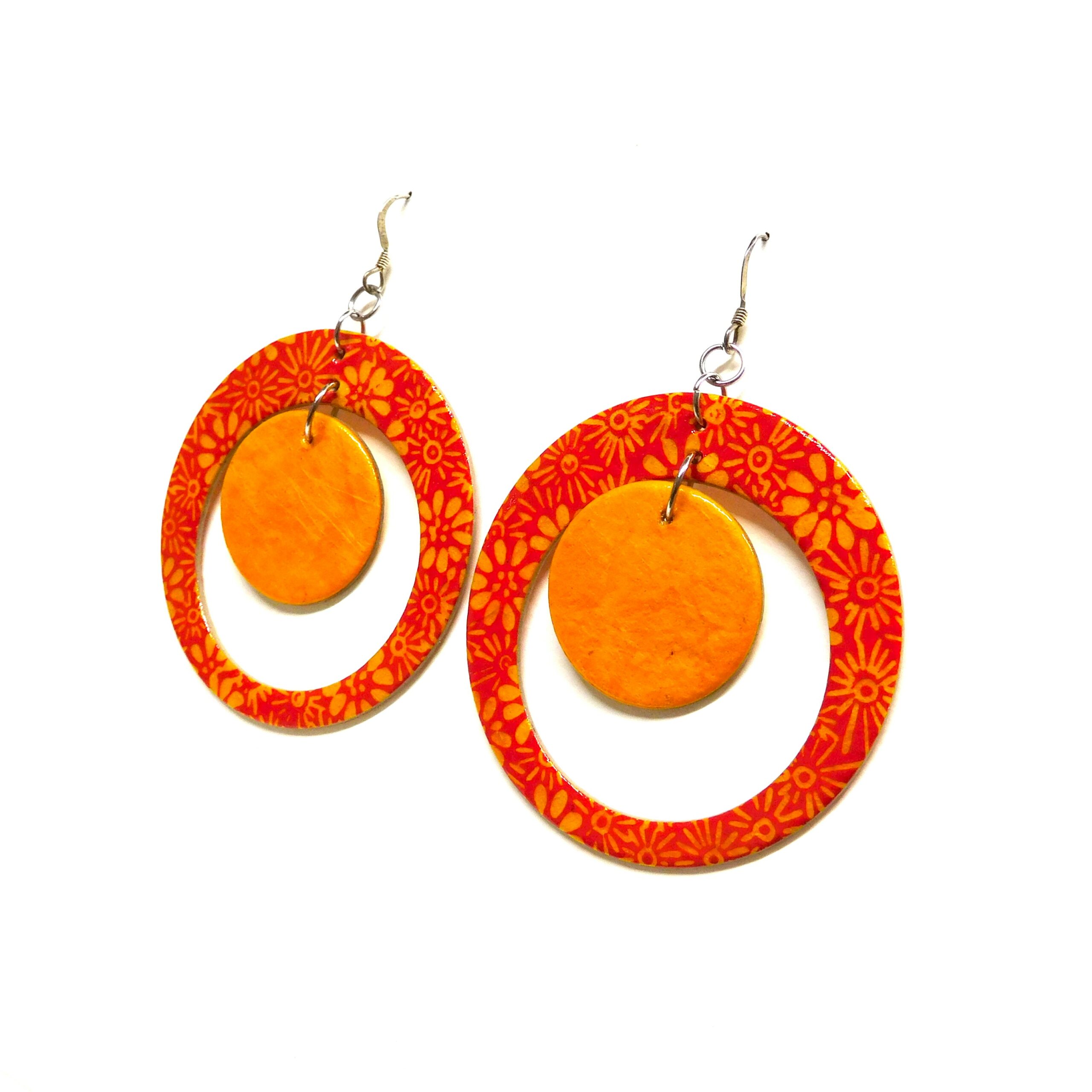 Boucles d'oreille en carton - "Grandes créoles plus une" - Fleurs Orange/Jaune Ocre - Argent 925 – Image 2