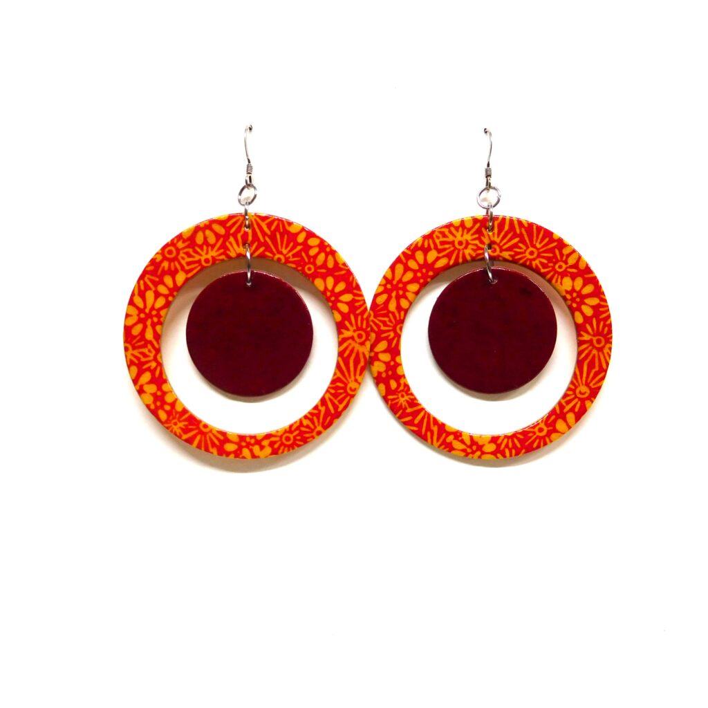 Boucles d'oreille en carton - "Grandes créoles plus une" - Fleurs Orange/Rouge Carmin - Argent 925