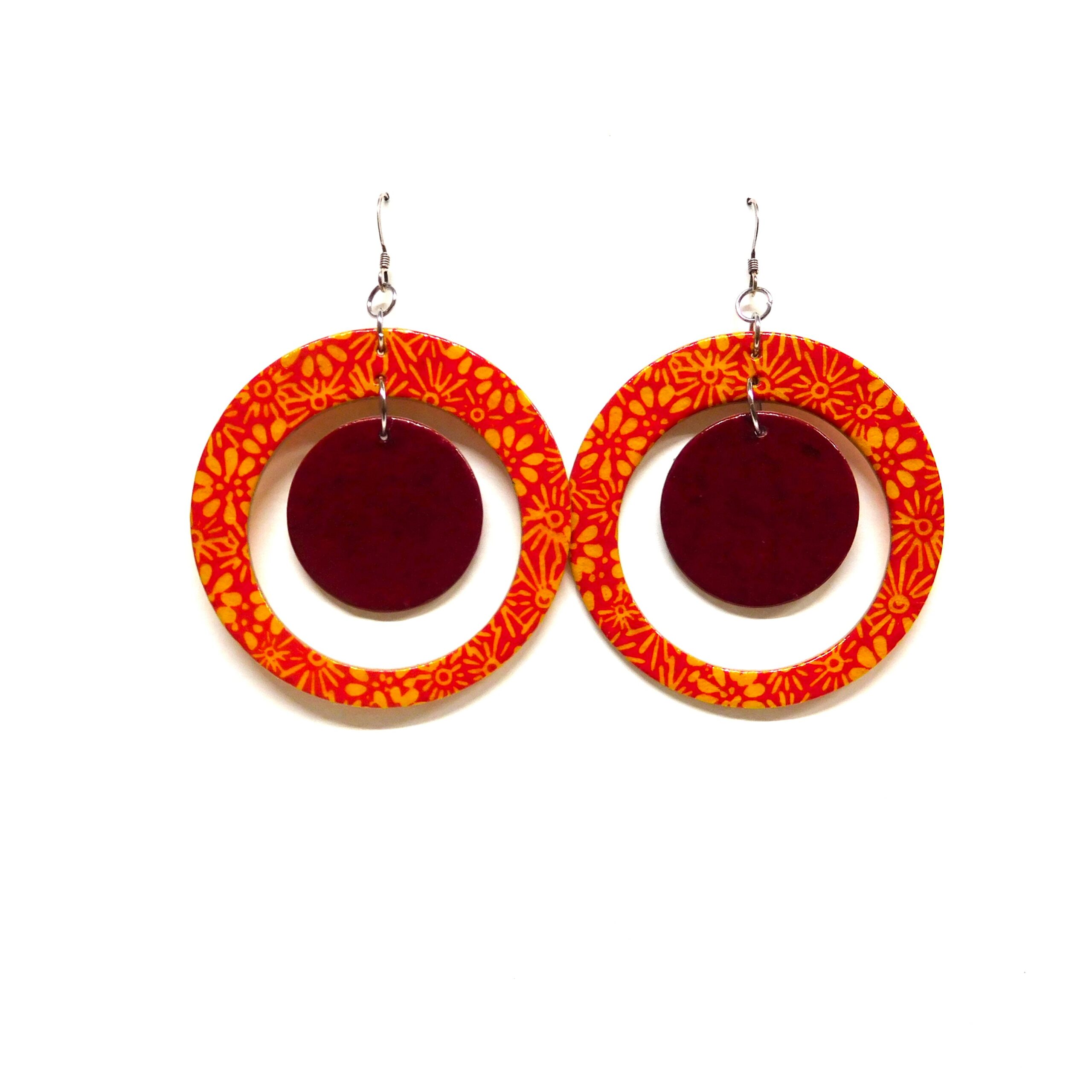 Boucles d'oreille en carton - "Grandes créoles plus une" - Fleurs Orange/Rouge Carmin - Argent 925 – Image 1