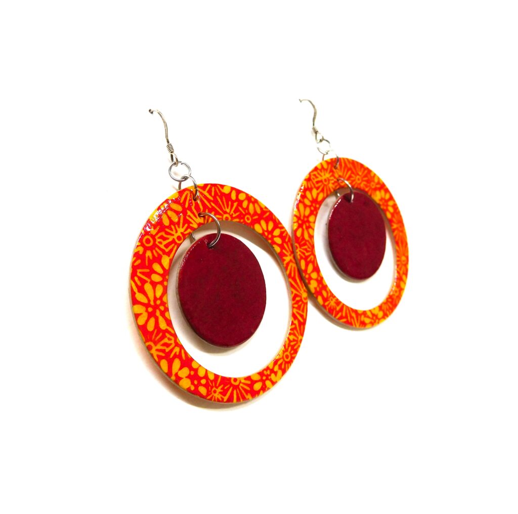Boucles d'oreille en carton - "Grandes créoles plus une" - Fleurs Orange/Rouge Carmin - Argent 925