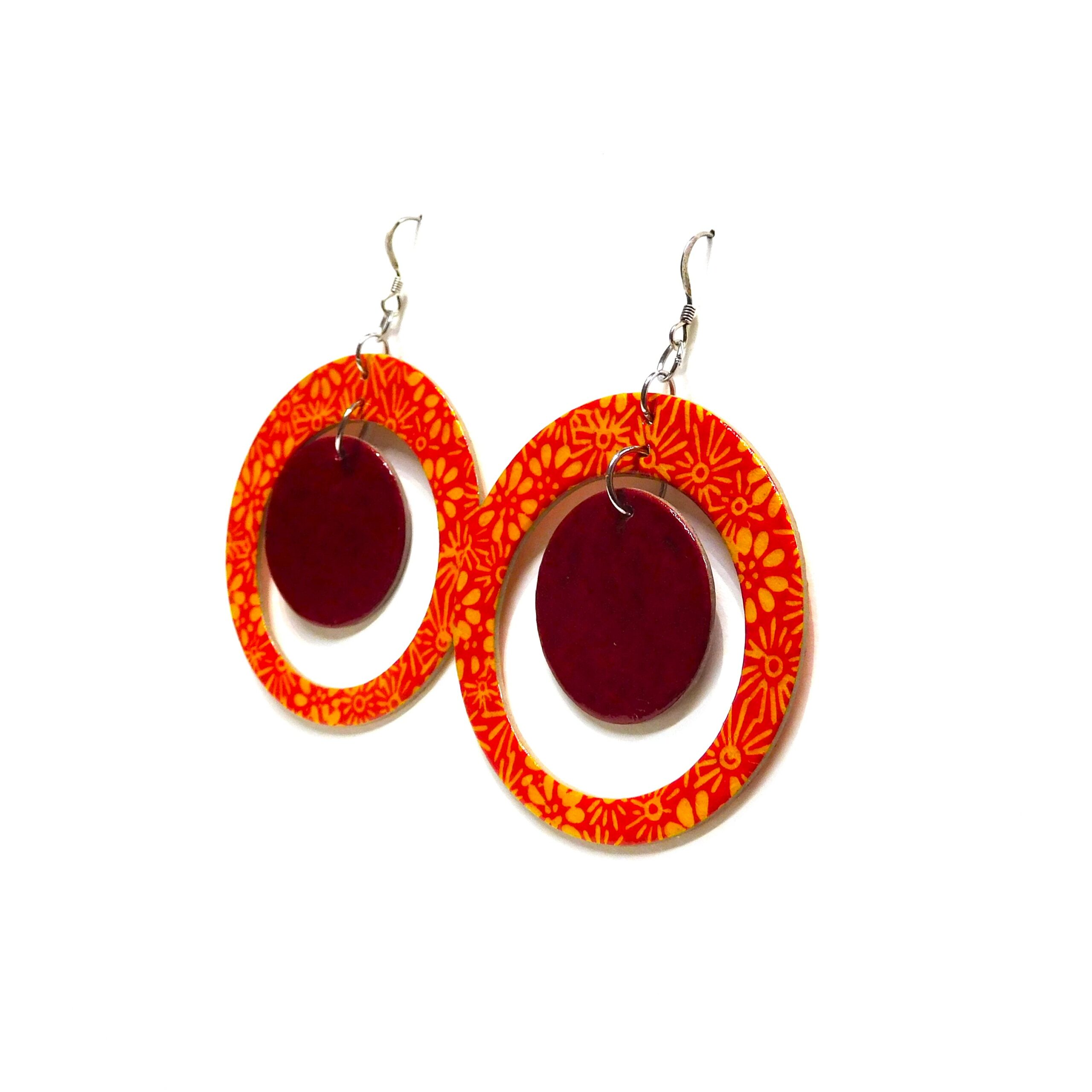 Boucles d'oreille en carton - "Grandes créoles plus une" - Fleurs Orange/Rouge Carmin - Argent 925 – Image 2
