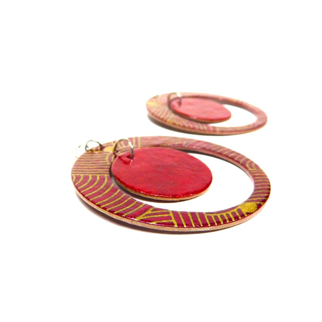 Boucles d'oreille en carton - "Grandes créoles plus une" - Rouge Or Nœuds/Rouge Carmin - Argent 925