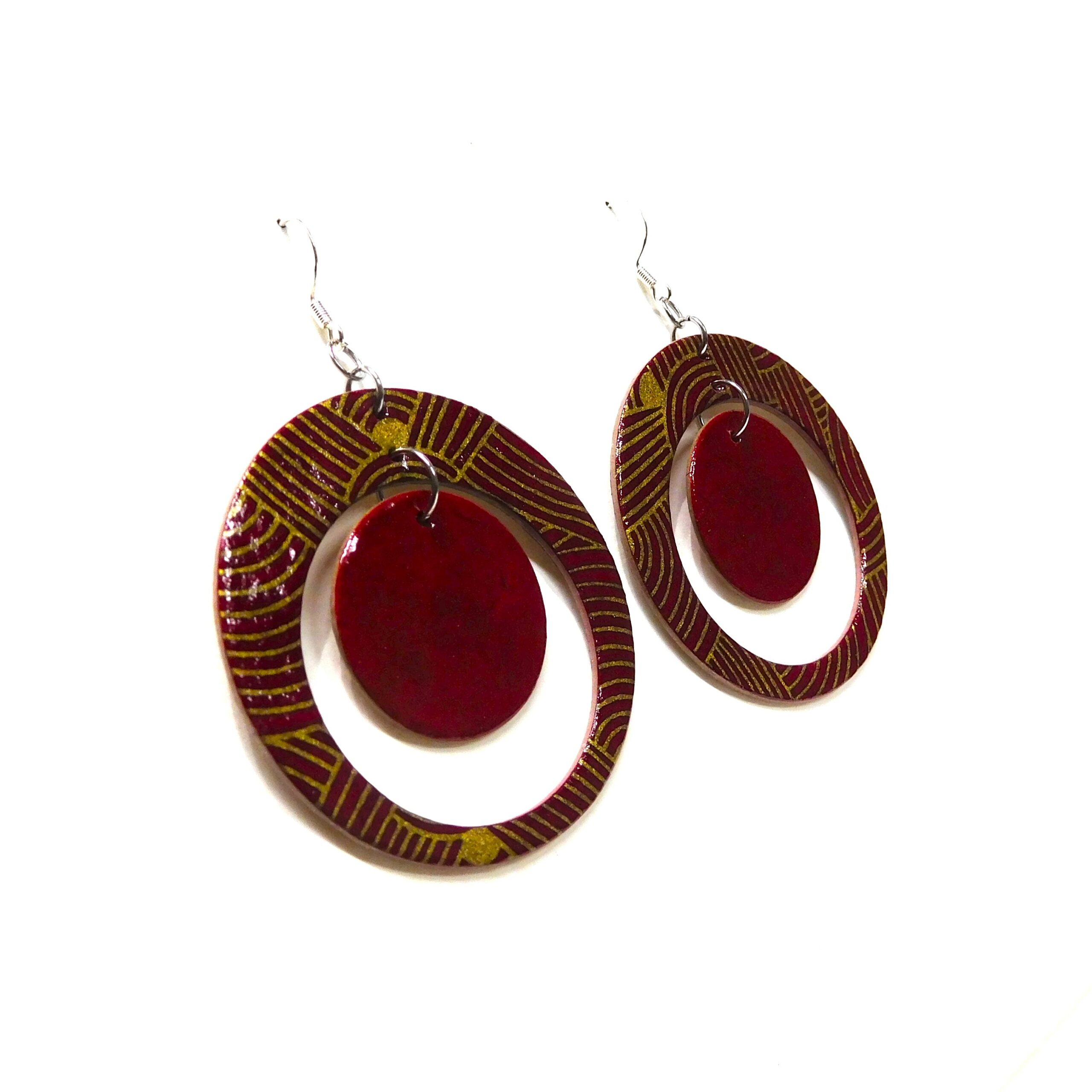 Boucles d'oreille en carton - "Grandes créoles plus une" - Rouge Or Nœuds/Rouge Carmin - Argent 925 – Image 3