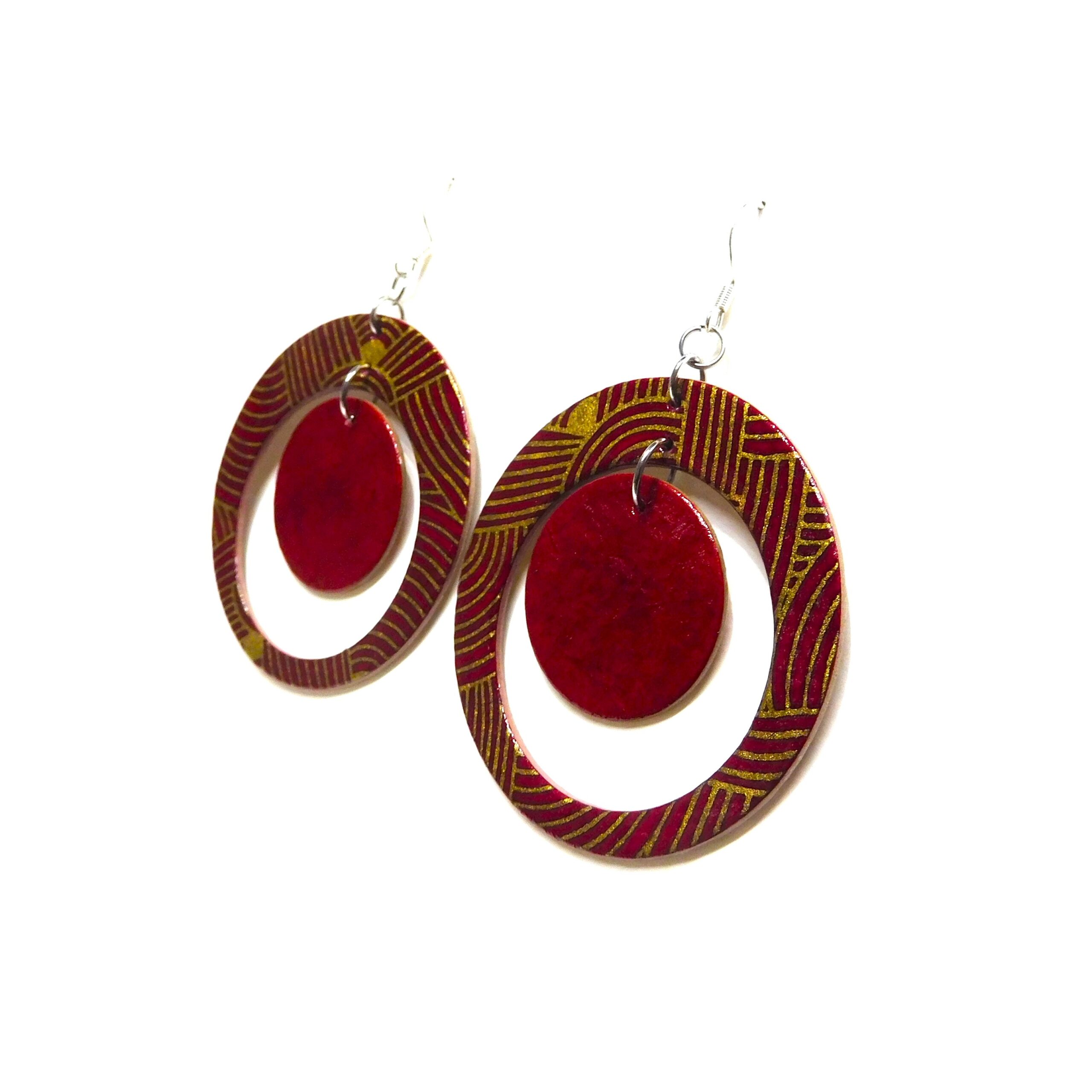 Boucles d'oreille en carton - "Grandes créoles plus une" - Rouge Or Nœuds/Rouge Carmin - Argent 925 – Image 2