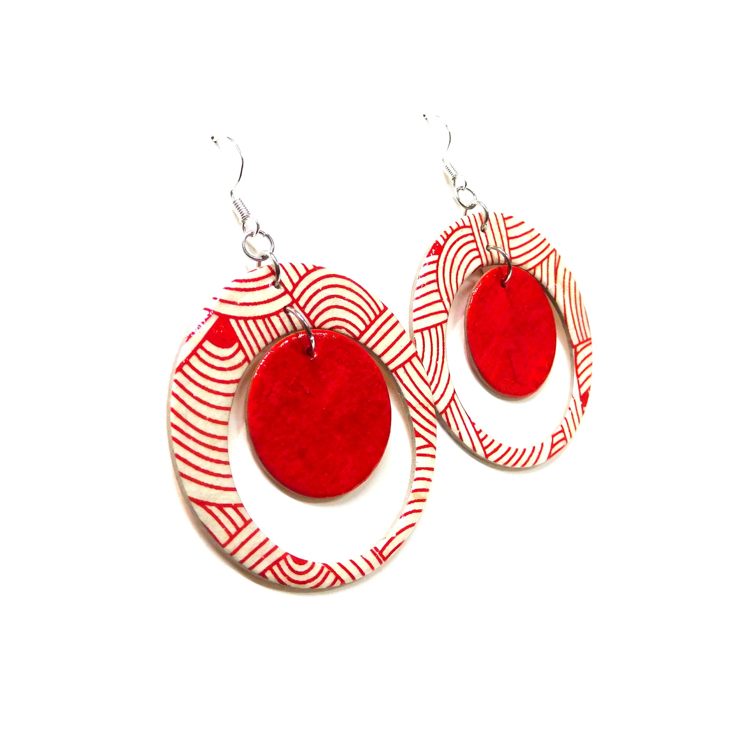 Boucles d'oreille en carton - "Grandes créoles plus une" - Blanc-Rouge Nœuds - Argent 925 – Image 3