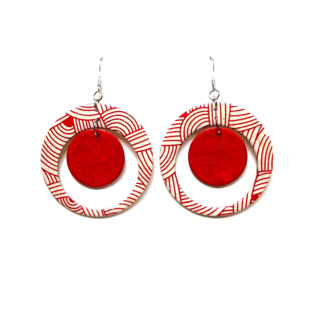 Boucles d'oreille en carton - "Grandes créoles plus une" - Blanc-Rouge Nœuds - Argent 925