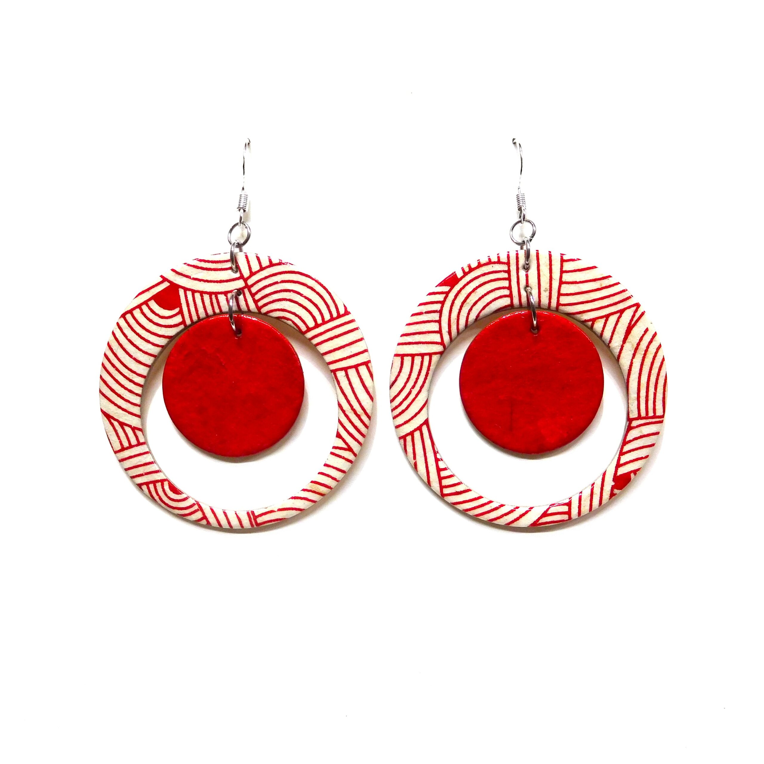 Boucles d'oreille en carton - "Grandes créoles plus une" - Blanc-Rouge Nœuds - Argent 925 – Image 1