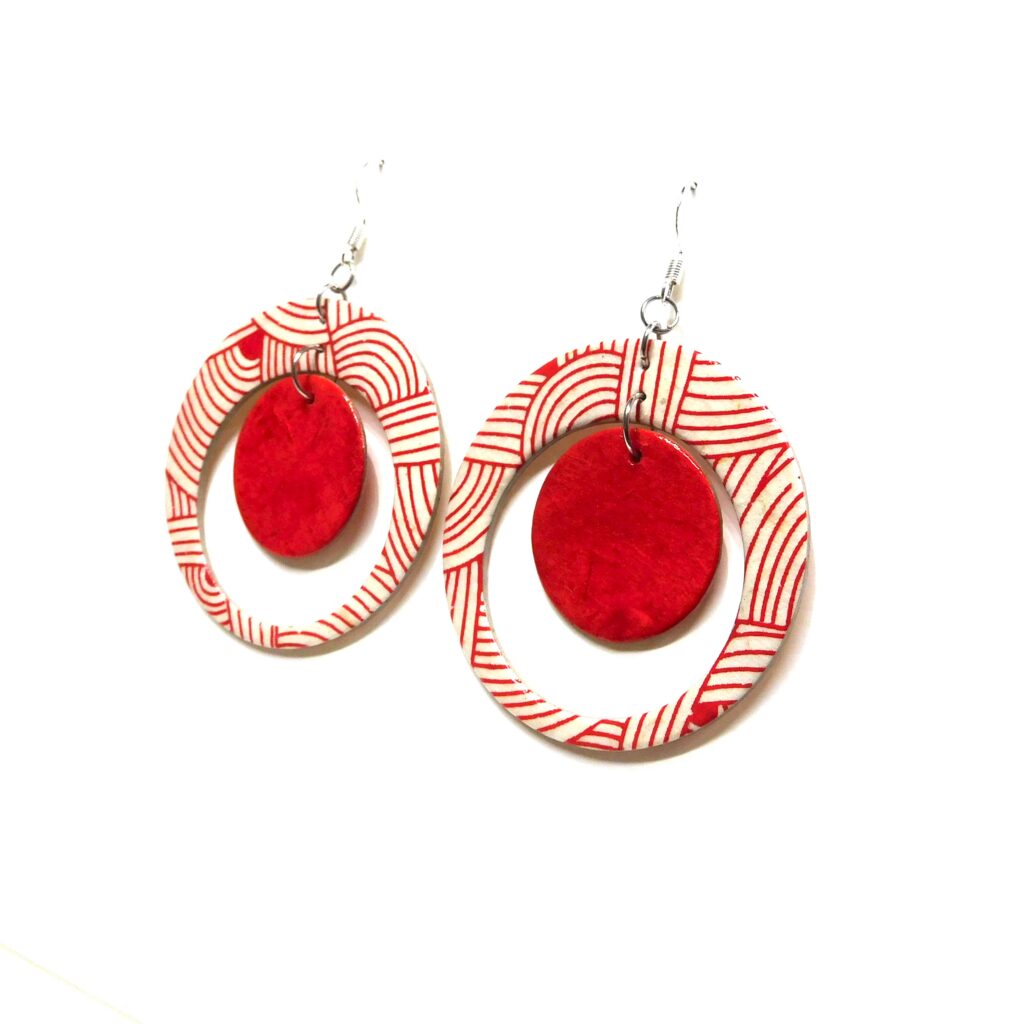 Boucles d'oreille en carton - "Grandes créoles plus une" - Blanc-Rouge Nœuds - Argent 925