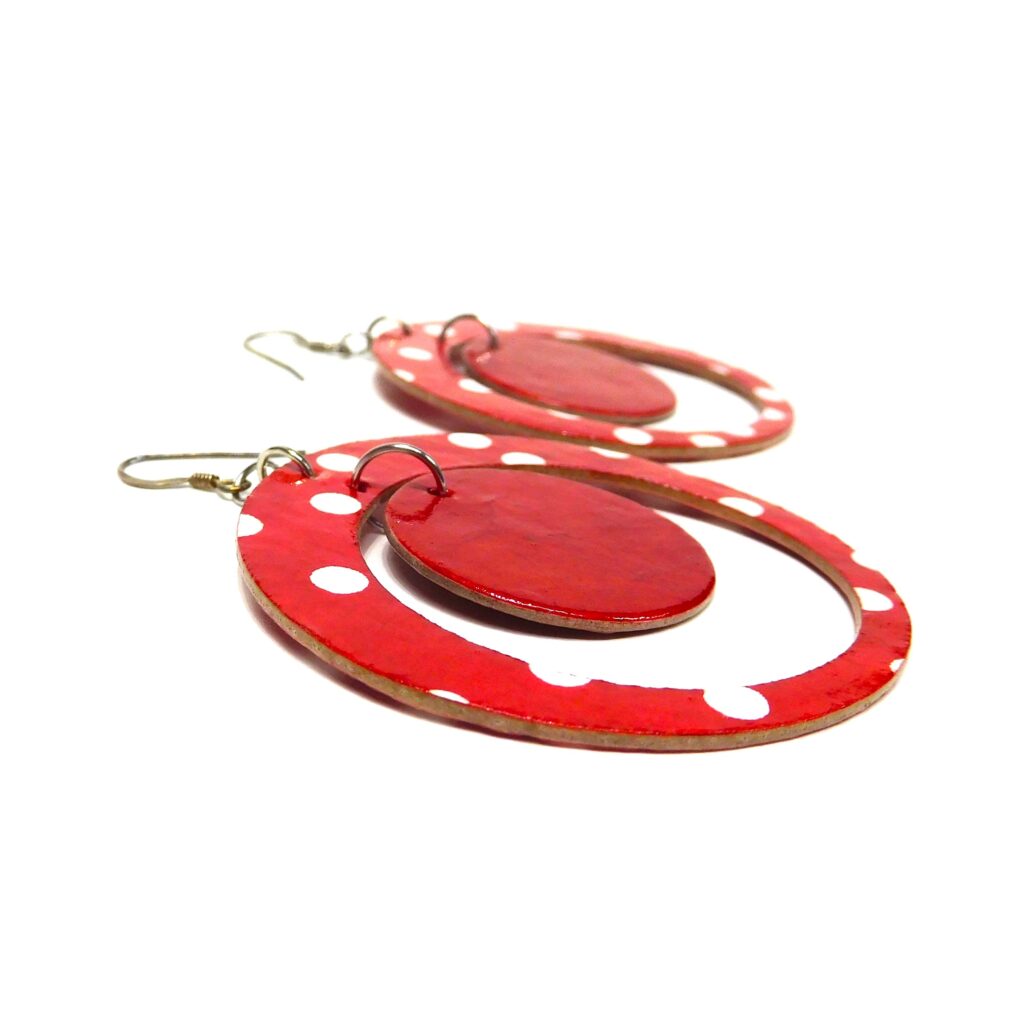 Boucles d'oreille en carton - "Grandes créoles plus une" - Rouge à pois Blancs - Argent 925