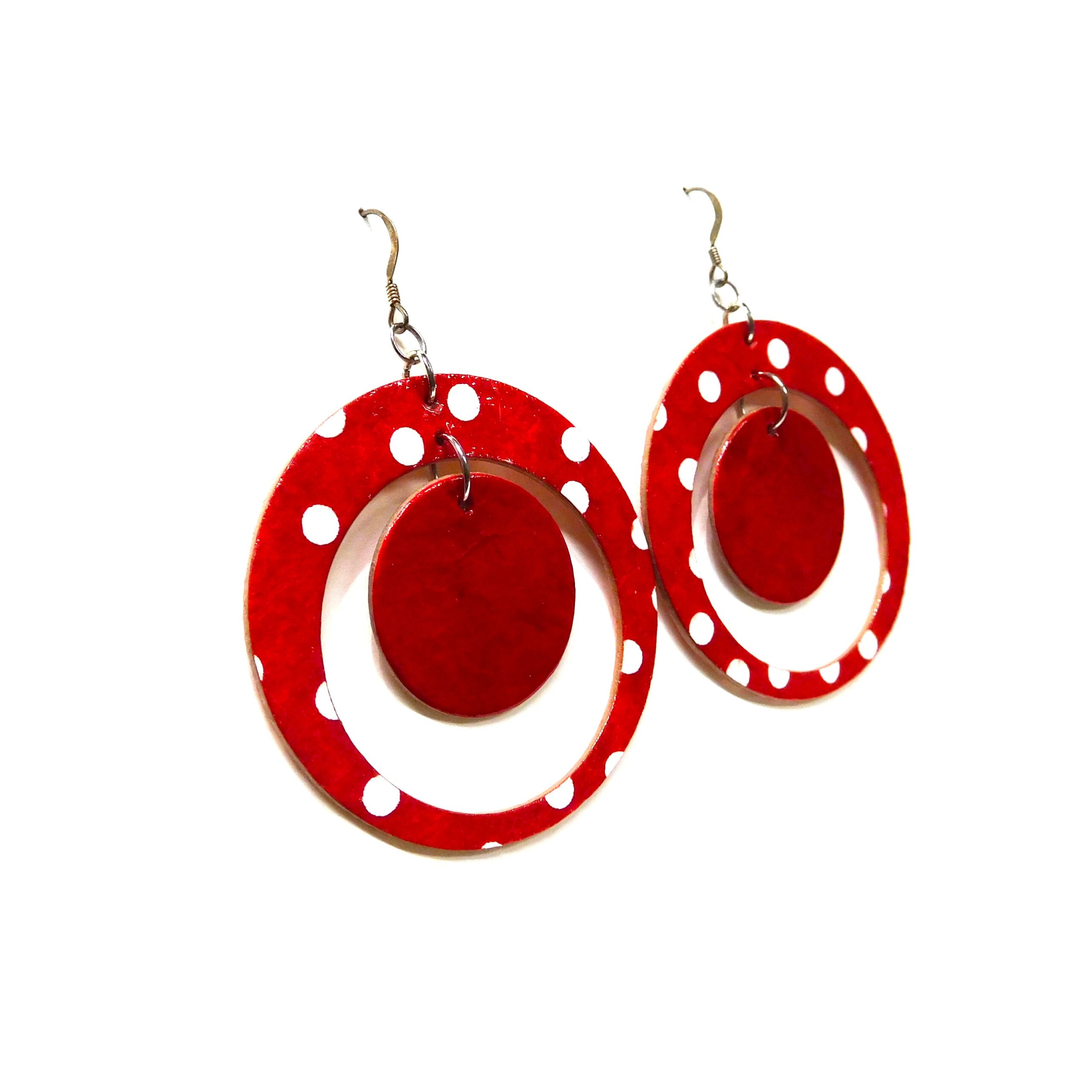 Boucles d'oreille en carton - "Grandes créoles plus une" - Rouge à pois Blancs - Argent 925 – Image 3