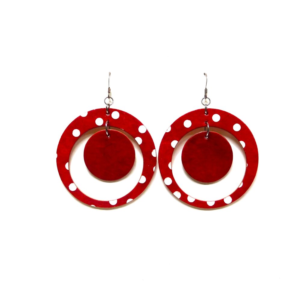 Boucles d'oreille en carton - "Grandes créoles plus une" - Rouge à pois Blancs - Argent 925