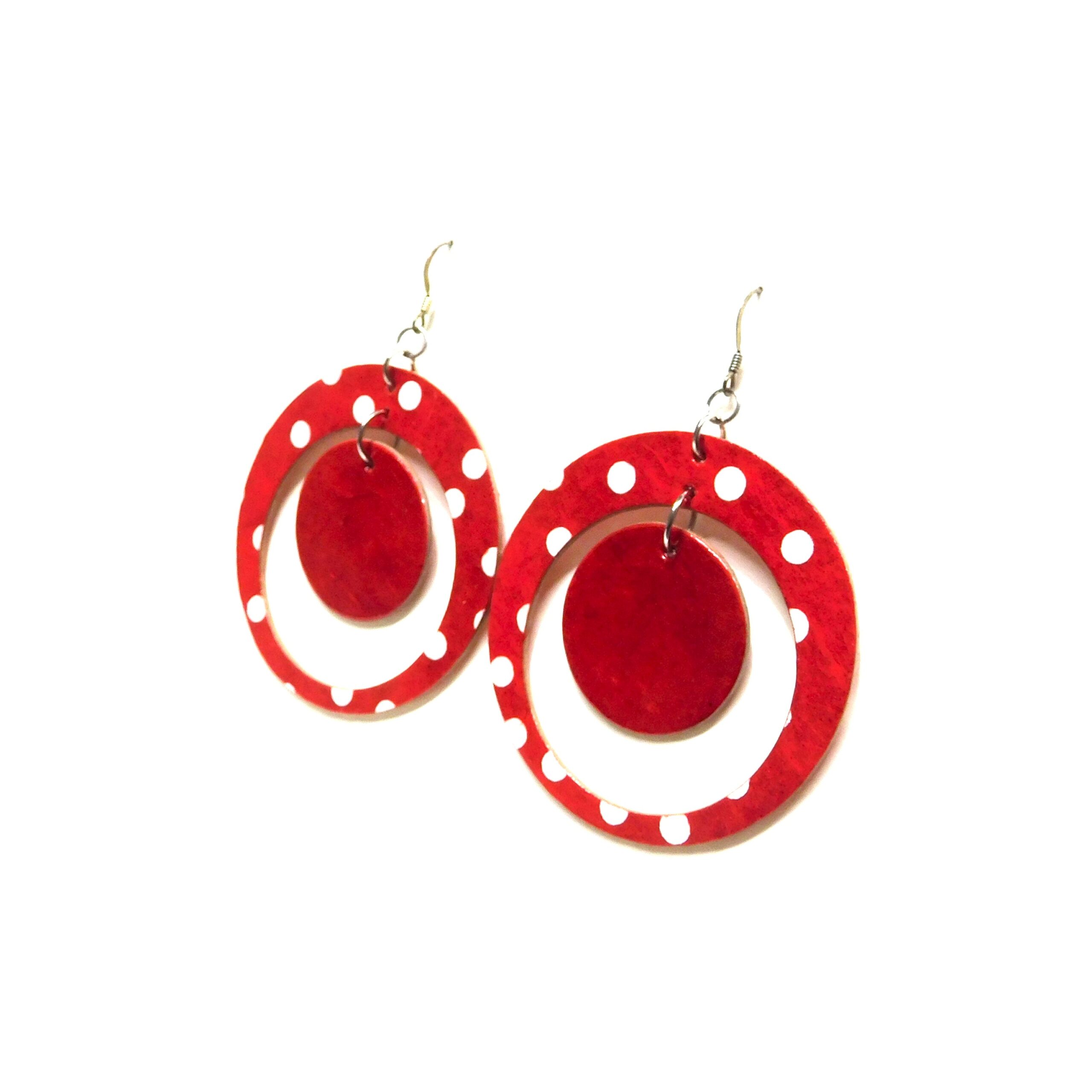 Boucles d'oreille en carton - "Grandes créoles plus une" - Rouge à pois Blancs - Argent 925 – Image 2